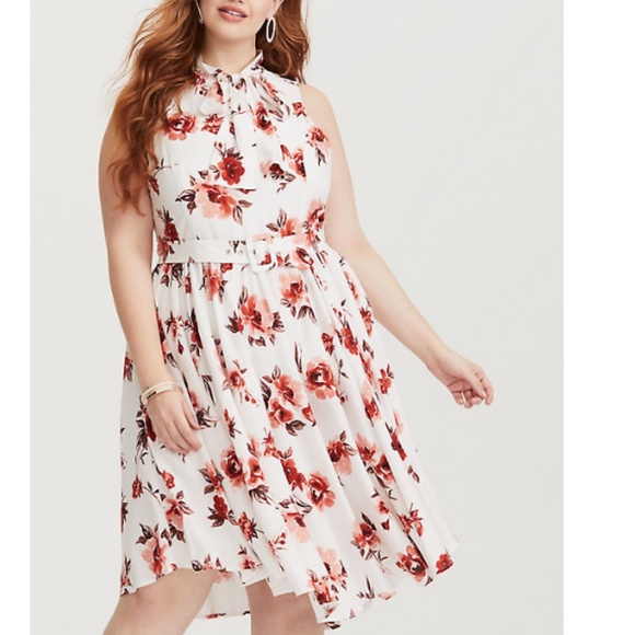 torrid Dresses & Skirts - Torrid | IVORY FLORAL TIE NECK CHALLIS MIDI DRESS